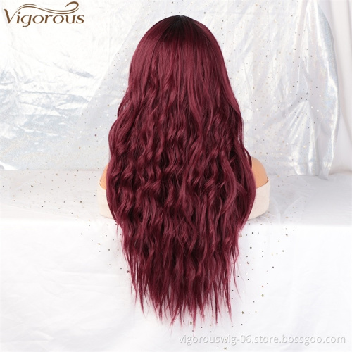 Vigorous Wholesale High Temperature Ombre Red Middle Part Wig Long Natural Wave Cosplay Synthetic Wig for Women